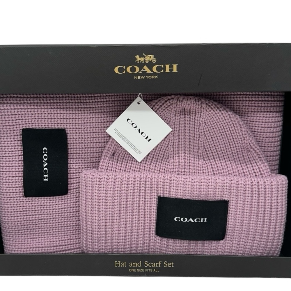 Coach Pink Knit Woven Beanie & Oversized Scarf Set Wool Blend Gift Set NWT $225 - Picture 2 of 5